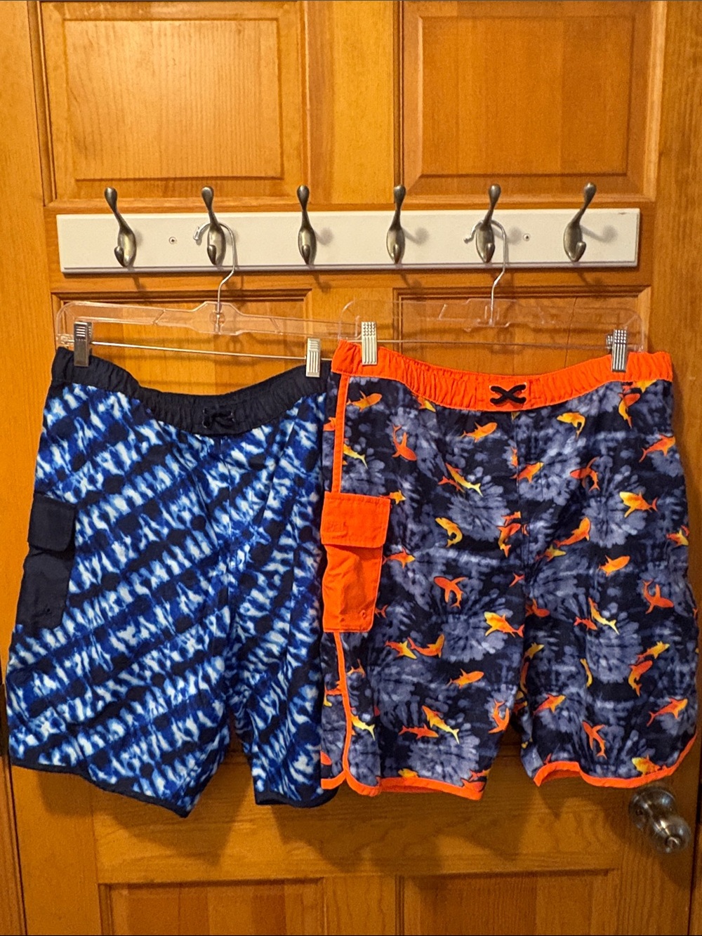 (Set of 2)Kids Navy & Orange Pattern Swim Trunks with Bright Orange Trim